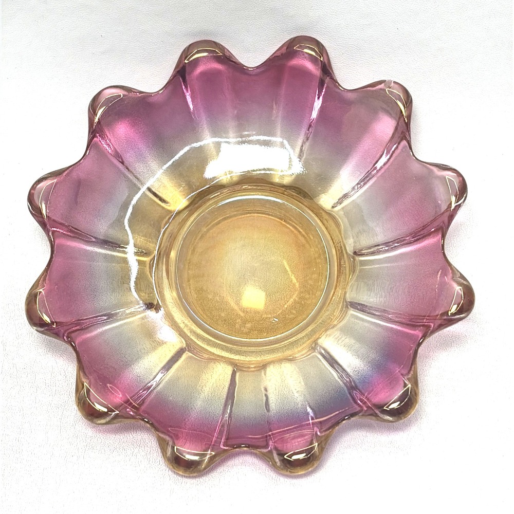 Vintage Pink Yellow Glass Fostoria Flower Glass Trinket Jewelry Dish Iridescent